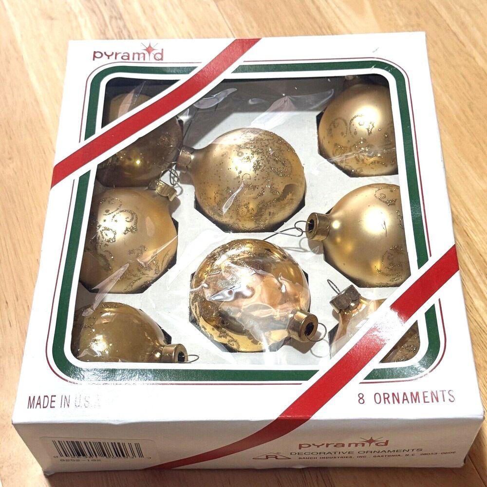 Vintage Glass Christmas Ornaments Pyramid Rauch Gold USA Set of 8